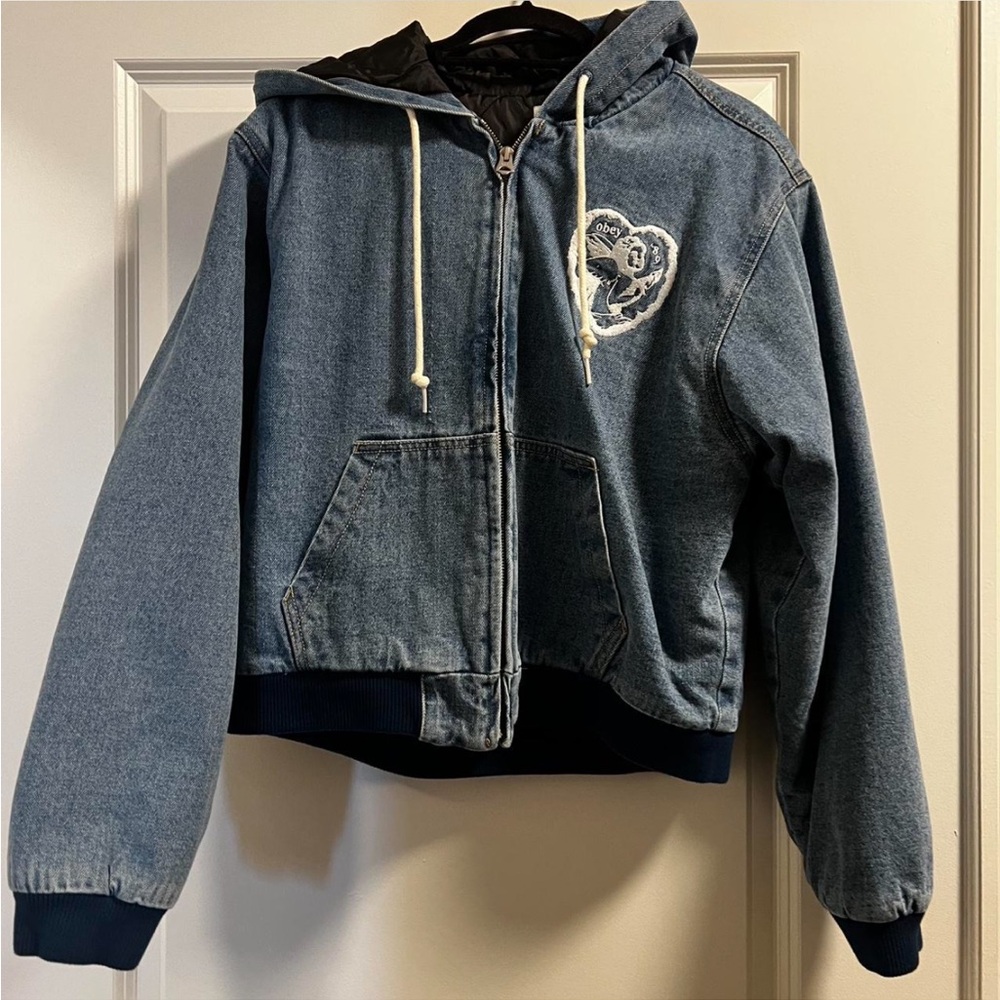 Obey Blue Denim Hooded Bomber Jacket with White Patch